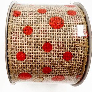 NEW Hobby Lobby Wired Ribbon Burlap and Orange Polka Dot 2.5"